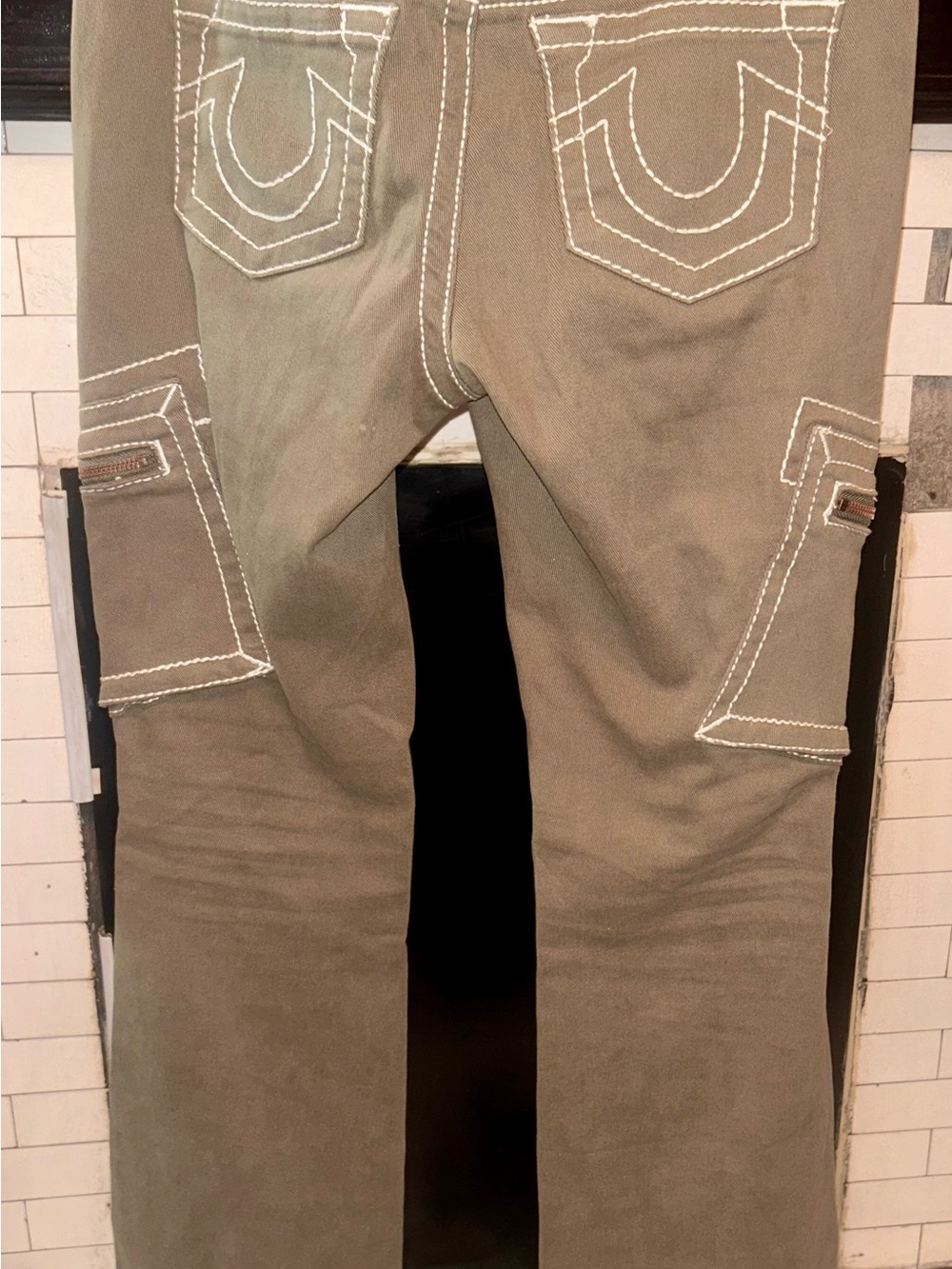 True Religion Olive Green Cargo Pants with White Stitching - Picture 3 of 5